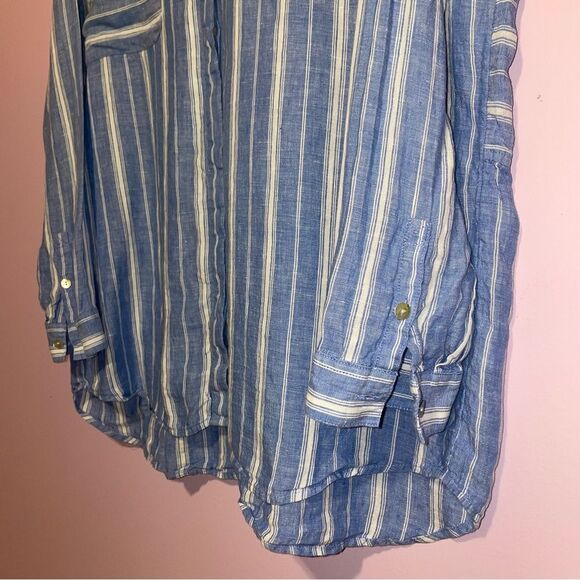 J Jill Linen Long Sleeve Button Up Top Women Size L Stripe Coastal Nautical - Picture 5 of 9